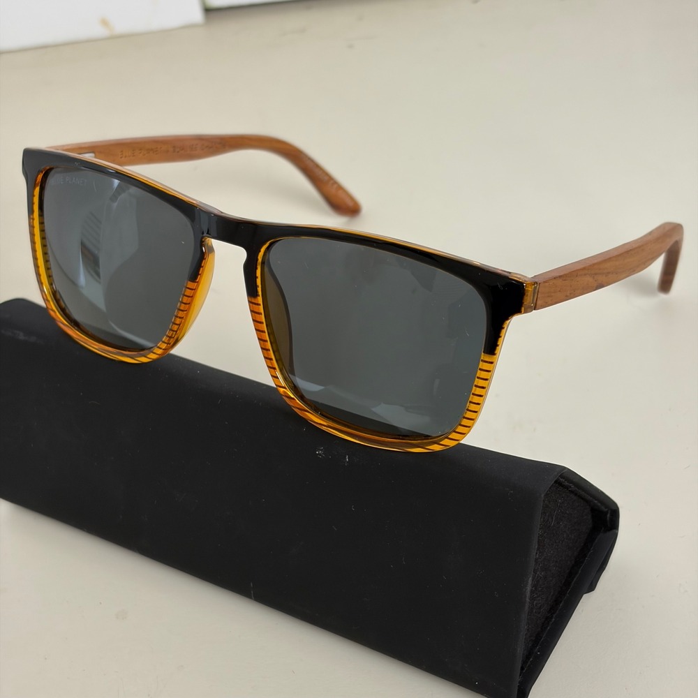 Blue Planet Cail BP18006 Brown Wood Polarized Square Sunglasses UV Lens Cat 3
